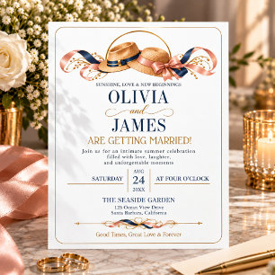 Mature Couple Casual Summer Wedding Navy Gold Hats Invitation