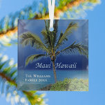 Maui Hawaii Beautiful Custom Keepsake Beach House Glass Ornament<br><div class="desc">Beautiful bold blues behind a green palm tree on tropical island photography for people who love Maui,  Hawaii. Personalize this pretty beach house keepsake Christmas ornament with your family name and year.</div>
