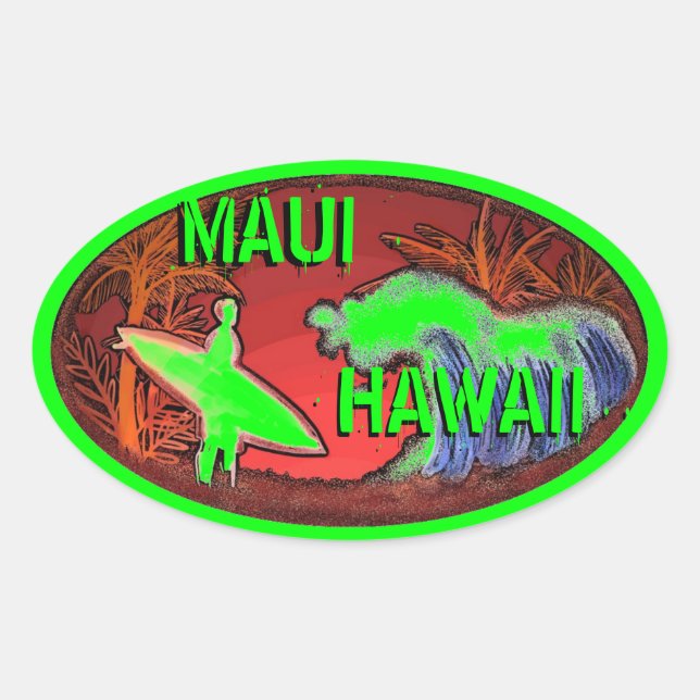 Maui Hawaii green surfer waves art stickers (Front)