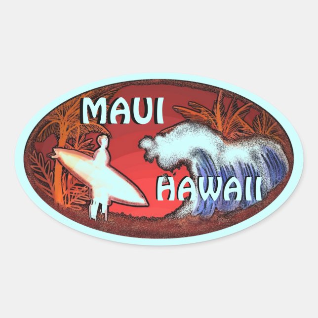 Maui Hawaii teal surfer waves art stickers (Front)