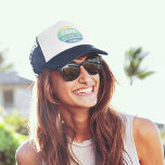 Maui No Ka Oi Vintage Typography Trucker Hat<br><div class="desc">"Maui No Ka 'Oi" means "Maui is the Best" in Hawaiian. Show your love for the Valley Isle with our summery, retro typography trucker hat. Design features "Maui No Ka Oi" in vintage distressed typography on a gradient circle in tropical shades of yellow, turquoise and blue with a grouping of...</div>