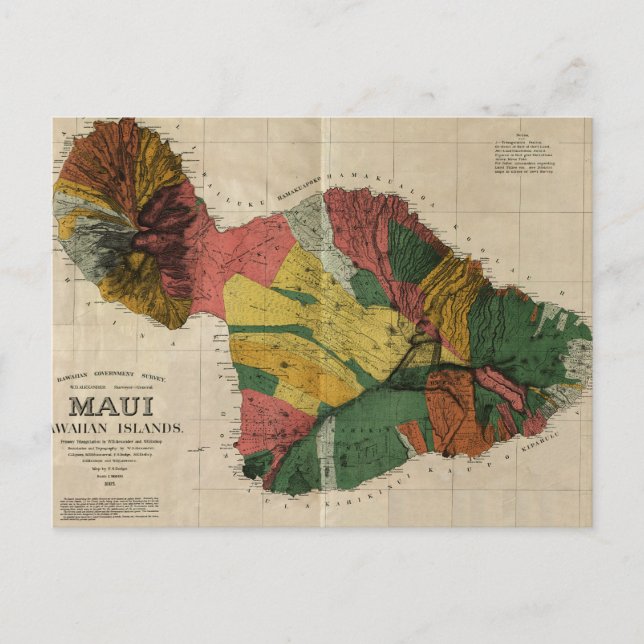 Maui - Vintage Antiquarian Hawaii Survey Map, 1885 Postcard (Front)