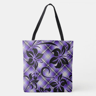 Mauna Loa Hawaiian Hibiscus Plaid Beach Bag