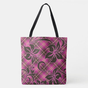 Mauna Loa Hawaiian Hibiscus Plaid Beach Bag