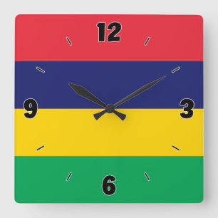 Mauritius Flag Red Blue Green Numbers Patriotic Square Wall Clock