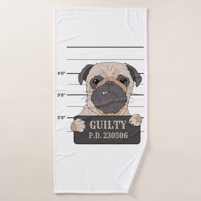 mauvais carlin chiot chien coupable mugshot prison (Serviette de bain)