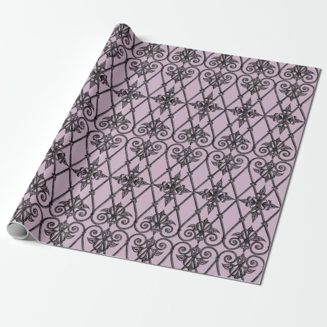 Mauve and Black Vintage Damask Pattern Wrapping Paper (Unrolled)