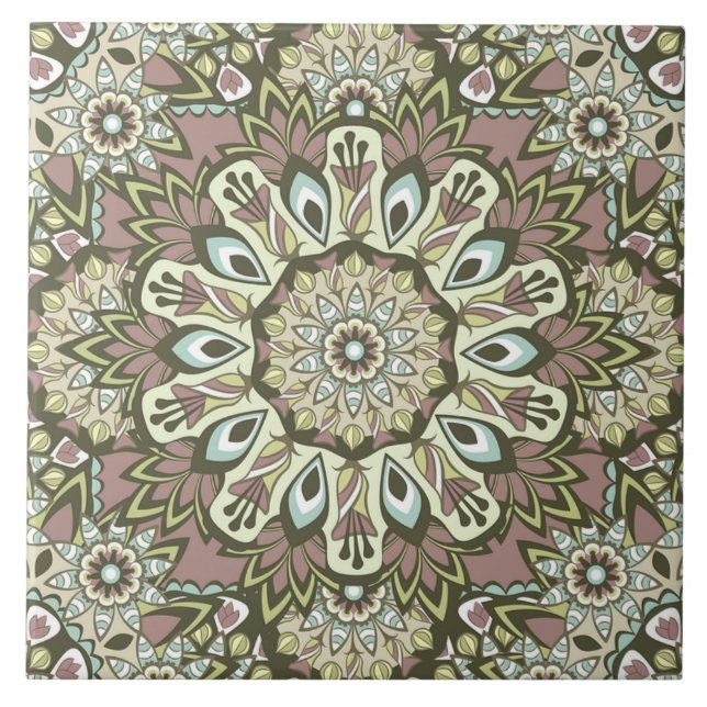 Mauve and Blue Boho Mandala Ceramic Tile (Front)