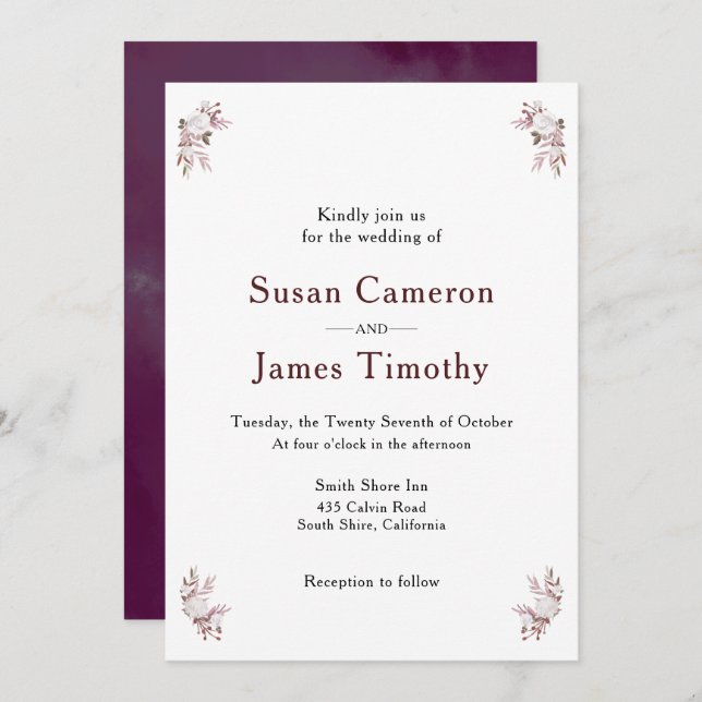 Mauve and Blush Pink floral Wedding Invitation (Front/Back)