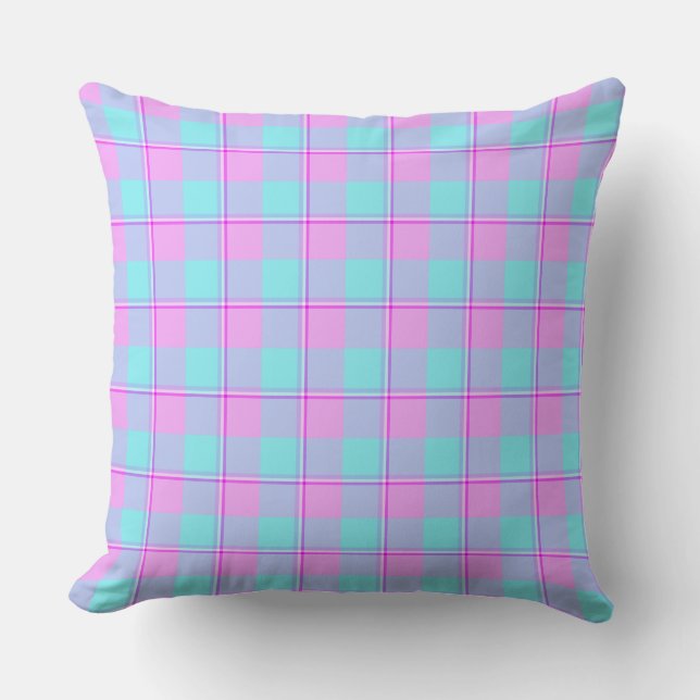 Mauve and Coastal Mist Plaid Blue Pink Throw Pillow (Front)