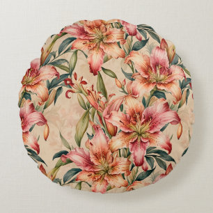 Mauve and Copper Lilies on Tan Round Pillow