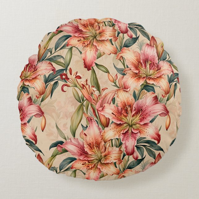 Mauve and Copper Lilies on Tan Round Pillow (Front)