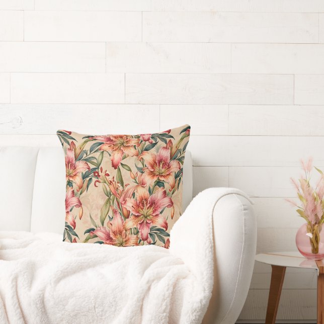 Mauve and Copper Lilies on Tan Throw Pillow (Couch)