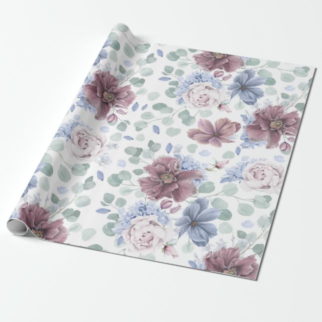 Mauve and Dusty Blue Botanical Floral Elegant Wrapping Paper (Unrolled)