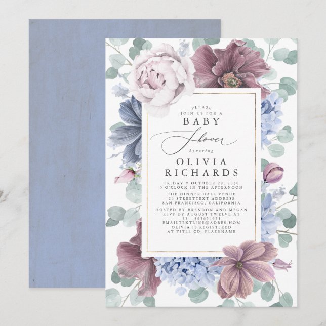 Mauve and Dusty Blue Floral Baby Shower Invitation (Front/Back)