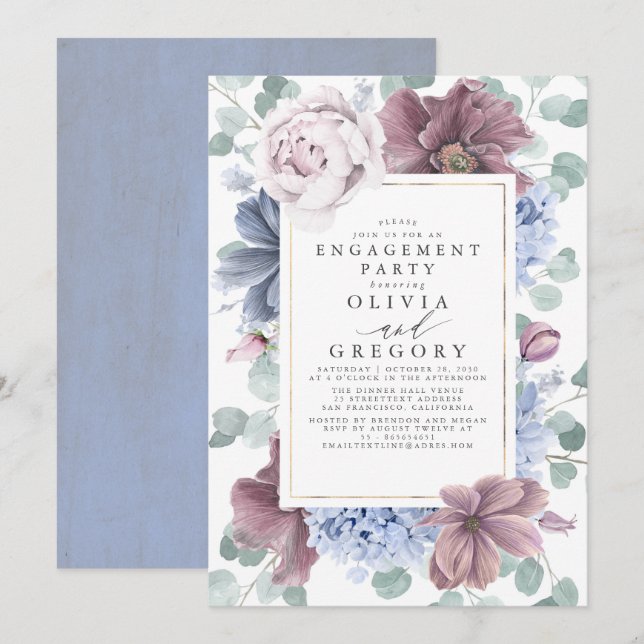 Mauve and Dusty Blue Flowers Engagement Party Invitation (Front/Back)