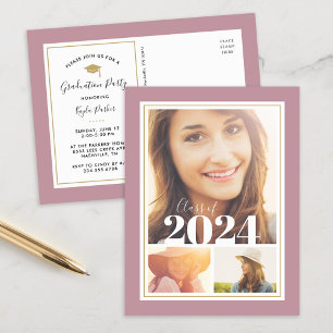 Mauve and Gold 3 Photo Graduation Party Invitation