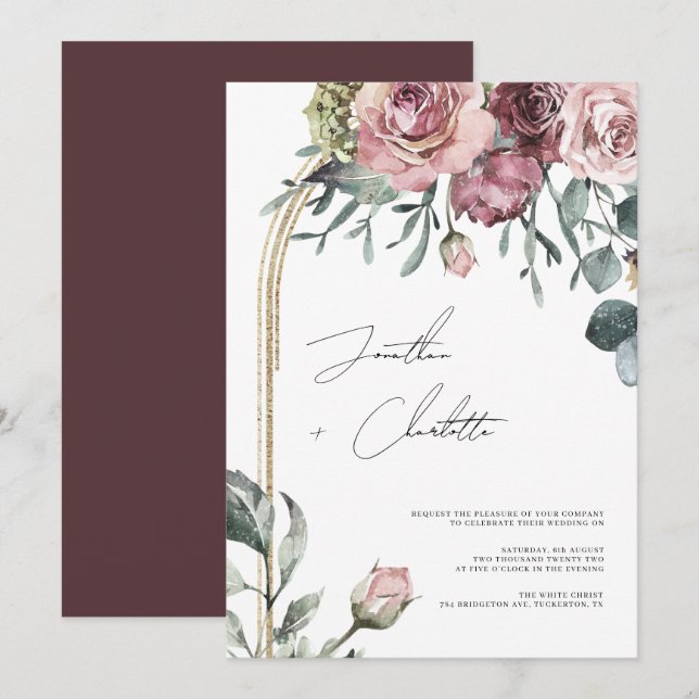 Mauve and Gold Arch Foliage Wedding Invitation (Front/Back)