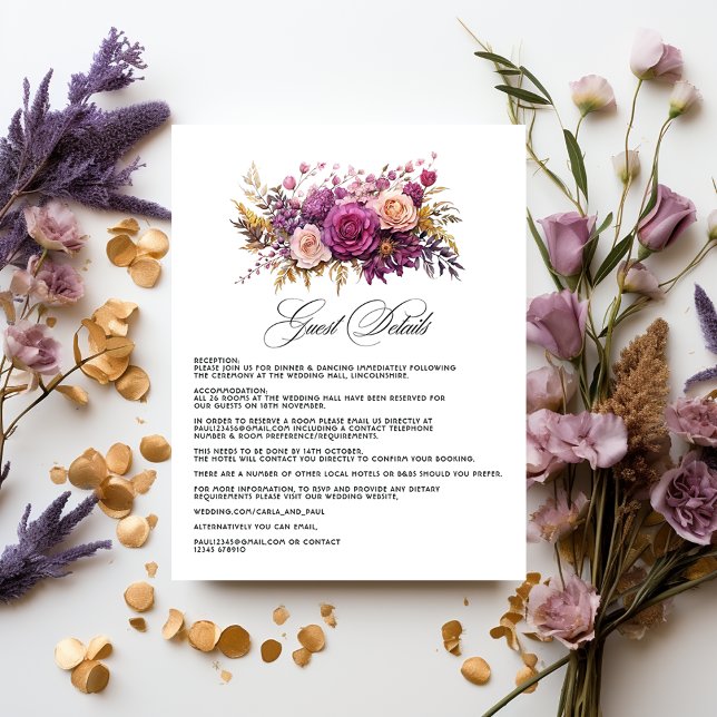 Mauve and Gold Floral Wedding Guest Details Enclosure Card (Creator Uploaded)