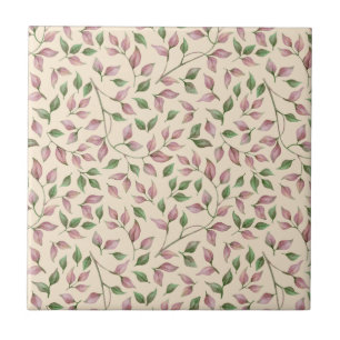 Mauve and Green Leaf Seamless Pattern Ceramic Tile