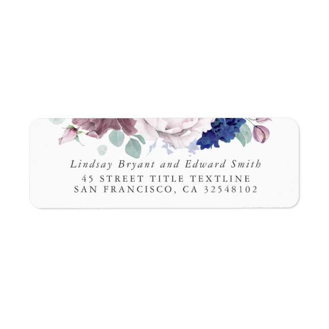 Mauve and Navy Blue Floral Wedding Label (Front)