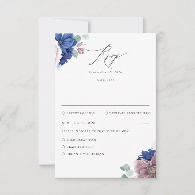 Mauve and Navy Blue Floral Wedding RSVP Card (Front)