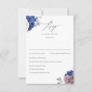 Mauve and Navy Blue Floral Wedding RSVP Card