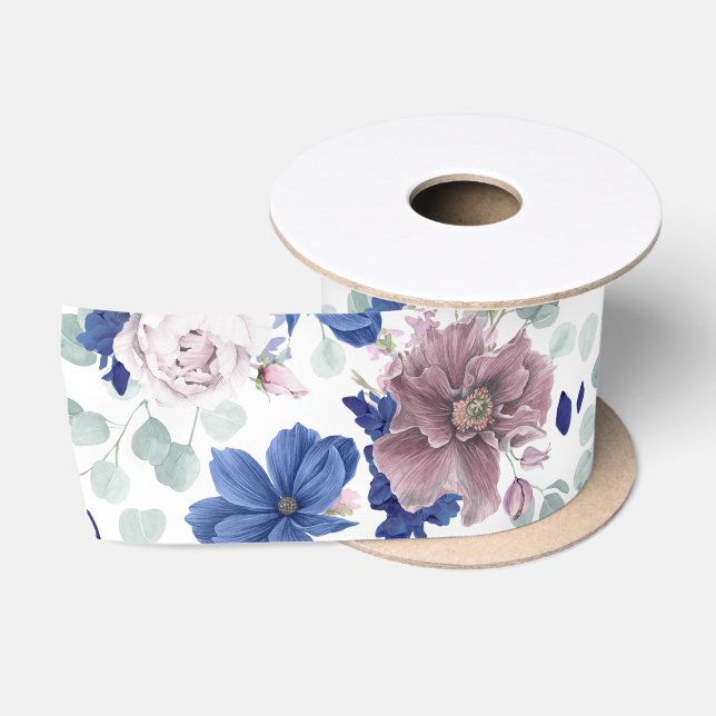 Mauve and Navy Blue Flowers Botanical Satin Ribbon (Spool)