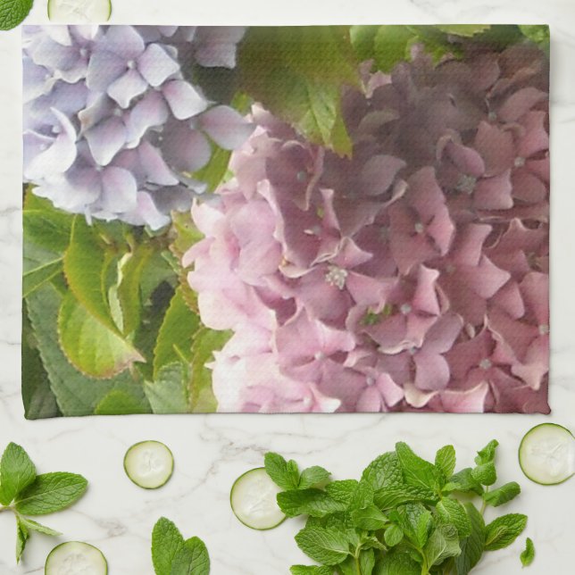 Mauve and  Pink Hydrangeas Kitchen Towel (Folded)