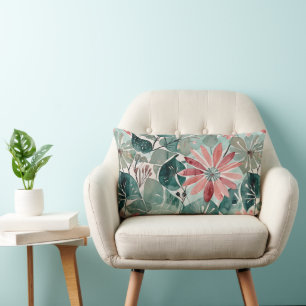 Mauve and Teal Vintage Modern Floral Lumbar Pillow