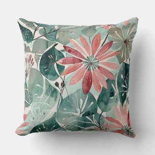 Mauve and Teal Vintage Modern Floral Throw Pillow