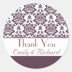 Mauve and White Damask Thank You Sticker