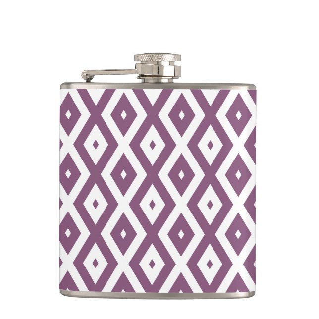 Mauve and white diamond pattern hip flask (Front)