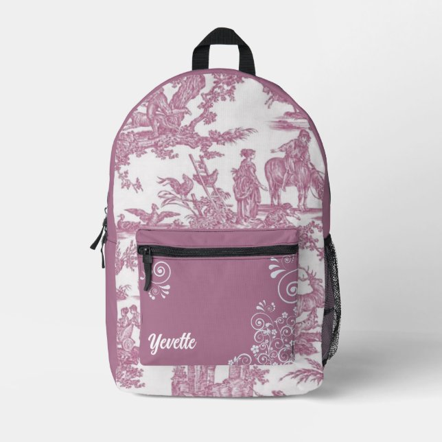 Mauve and White French Toile Pattern Personalized Printed Backpack (Front)