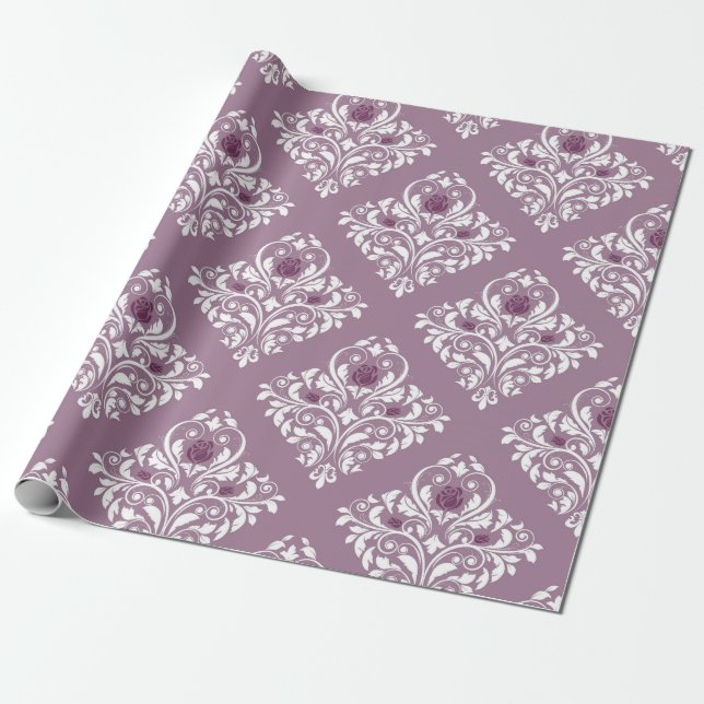 Mauve and White Vintage Damask Pattern Wrapping Paper (Unrolled)