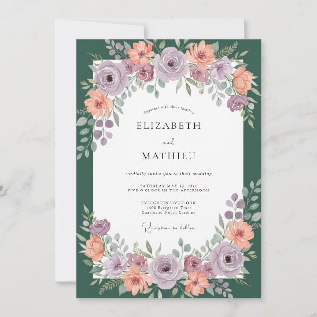 Mauve Apricot Wreath Wedding Invitation (Front)