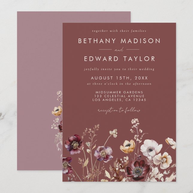 Mauve Autumn Floral Wedding Invitation (Front/Back)