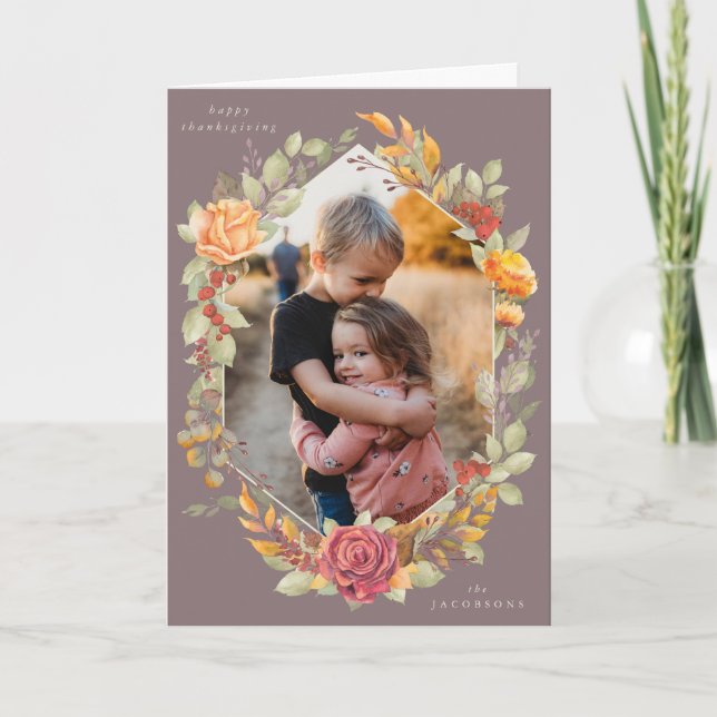 Mauve Autumnal Florals Thanksgiving Photo Card (Front)