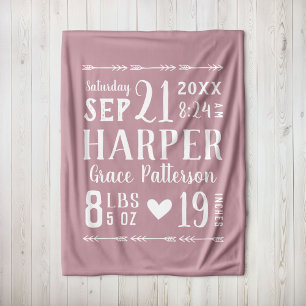 Mauve Baby Girl Birth Stats Keepsake Fleece Blanket
