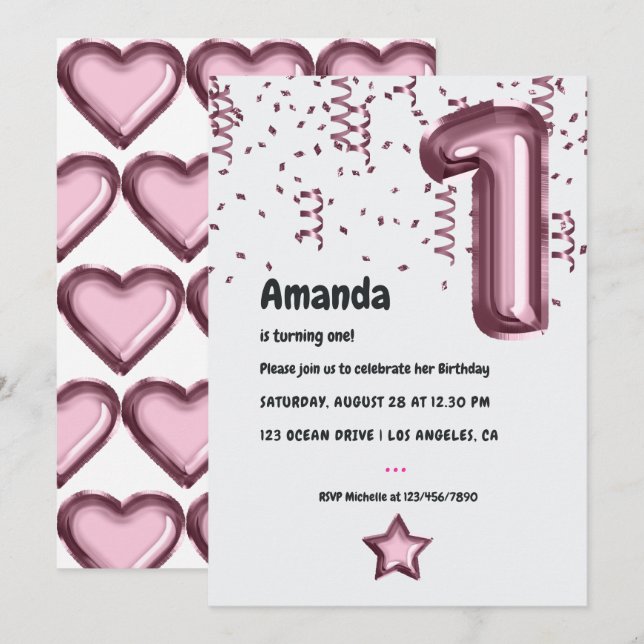 Mauve Balloon 1st Birthday Invitation (Front/Back)