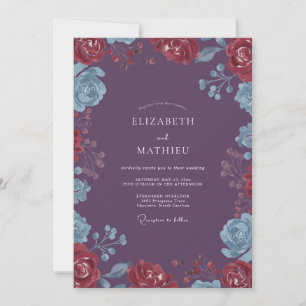 Mauve Blue Floral Watercolor Wedding Invitation
