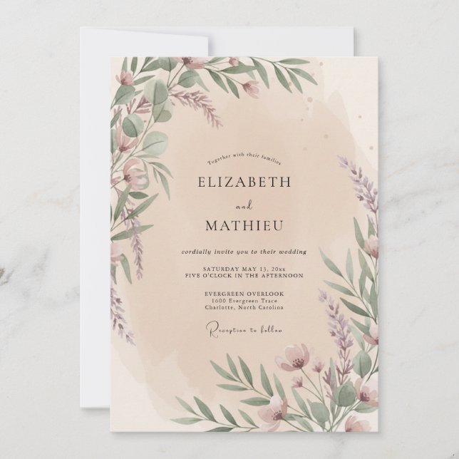 Mauve Blush Botanical Flourish Wedding Invitation (Front)