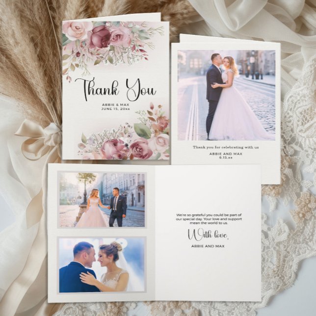 Mauve Blush Floral 3-Photo Wedding Thank You Card (Mauve and rose gold folded wedding photo thank you card)