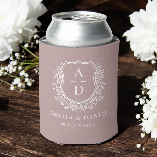 Mauve Botanical Crest Modern Monogram Wedding  Can Cooler (Creator Uploaded)