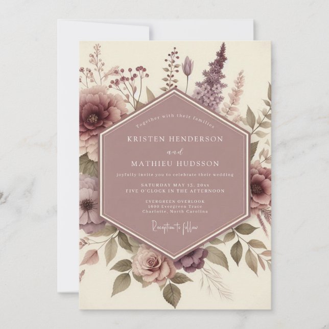 Mauve Botanical Whimsical Wedding Invitation (Front)