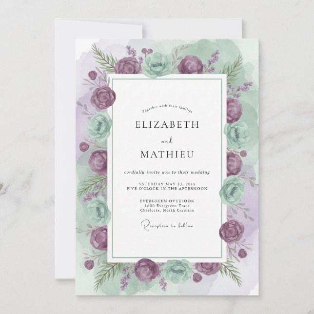 Mauve Celadon Ranunculus Eucalyptus Wedding Invitation (Front)