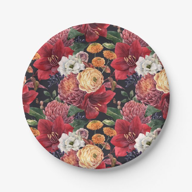 Mauve Chrysanthemums and Red Amaryllis Autumn Paper Plate (Front)