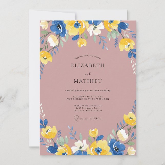 Mauve Cobalt Ranunculus Eucalyptus Wedding Invitation (Front)
