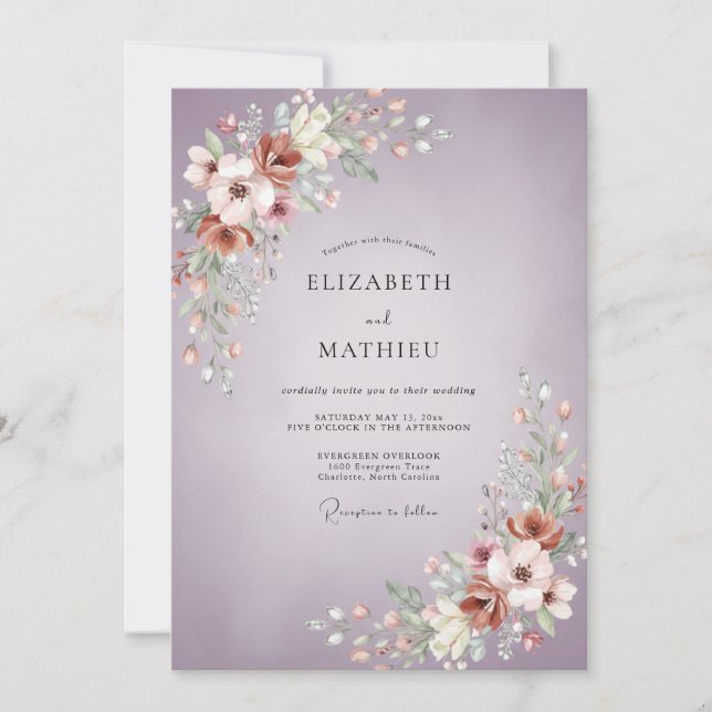 Mauve Copper Peony Wedding Invitation (Front)