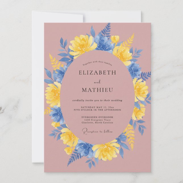 Mauve Cornflower Yellow Wreath Wedding Invitation (Front)